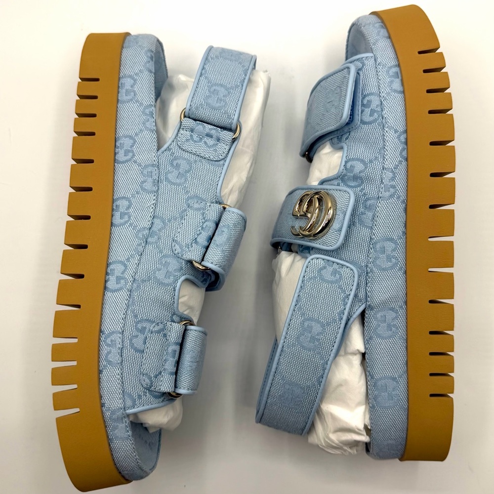 NEW NIB Gucci GG Marmont Logo Blue Canvas Monogram Platform Dad Strap Sandals - Picture 5 of 13